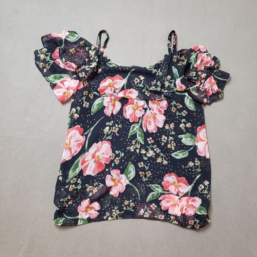 Cabi 5220 Fairytale Navy Pink Floral Cold Shoulder Ruffle Sleeve